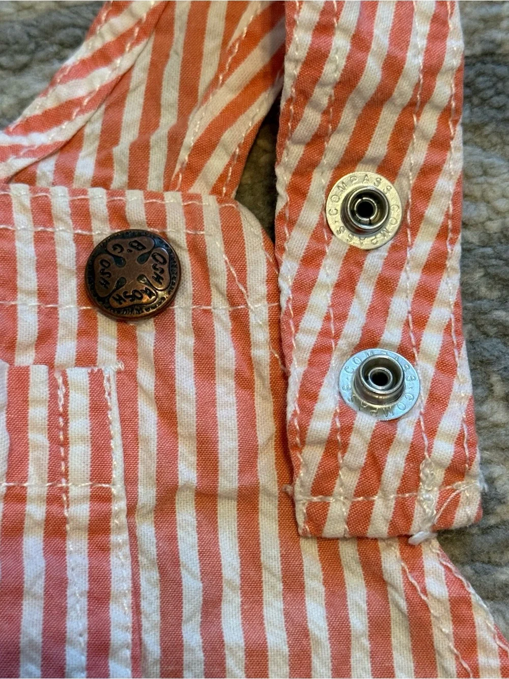 OshKosh B’gosh Coral White Striped Overalls 24M Toddler Adjustable Romper
